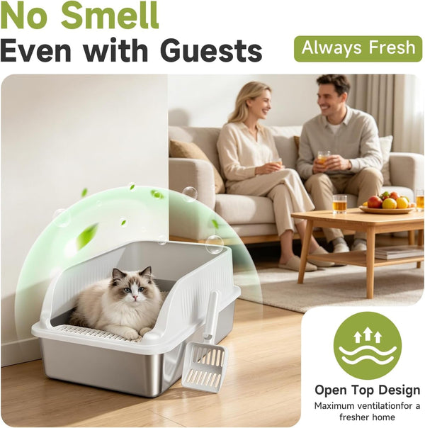 Stainless Steel Cat Litter Box with Lid, XL Metal High Sided Litter Box | Odor Free Open Top Litter Pan Easy Cleaning Anti-Urine Leakage Non-Stick Includes Scoop Light Grey3