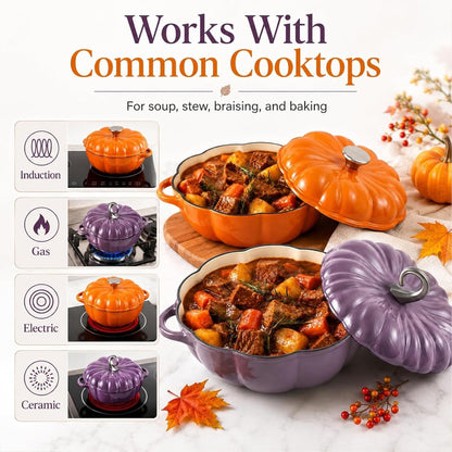 Pumpkin Dutch Oven Pot with Lid 3QT Enameled Cast Iron Pumpkin Pots，Purpleb | Pumpkin Cocotte with Dual Handles, Soup Pot, Serves 2-3, Oven & Stove Safe for Cooking, Superior Heat Retention for Soups5