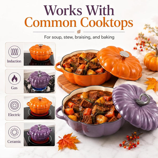 Pumpkin Dutch Oven Pot with Lid 3QT Enameled Cast Iron Pumpkin Pots，Purpleb | Pumpkin Cocotte with Dual Handles, Soup Pot, Serves 2-3, Oven & Stove Safe for Cooking, Superior Heat Retention for Soups5