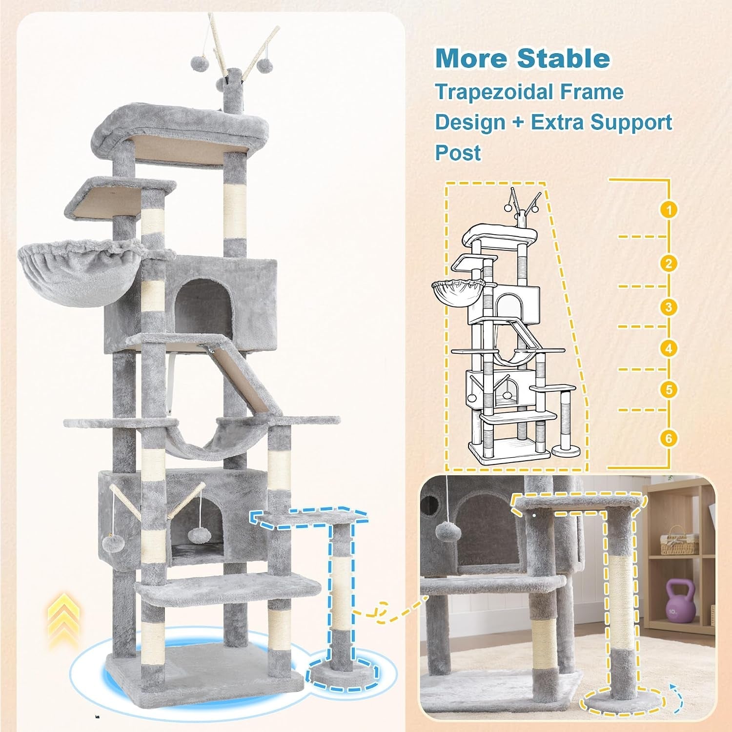 hey-brother-cat-tree-tower-with-sturdy-supporting-posts-2-condos-mpj082w-82-7-inches-multi-level-cat-tower-with-5-teaser-toys-sisal-scratching-posts-large-bed-hammock-for-indoor-cats-light-gray