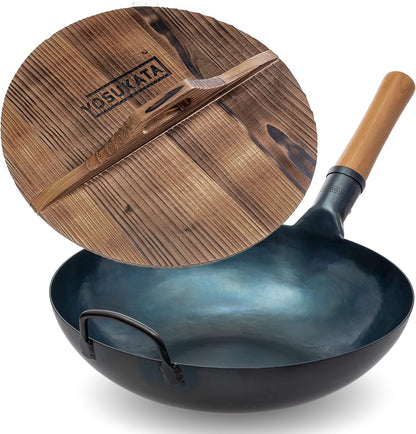 13.5” Blue Carbon Steel Wok Pan + Premium Wok Cover 13.5 Inch Pan Lid1
