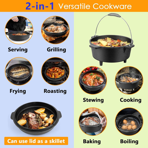 7 QT Cast Iron Dutch Oven, Large 2 in 1 Camp Pre-Seasoned Deep Pot & Lid Skillet Pan, Heavy Thick 7 Quart Multiple Cookware with Feet for Outdoor Camping Baking, Bracket and Lid Lifter3