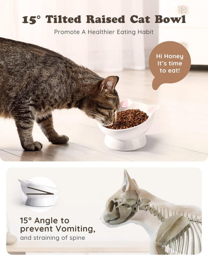 Raised Cat Food Bowl Ceramic 15° Tilted Cat Food Bowls Protect Cat'S Spine anti Vomiting Backflow Prevention Bowls for Adult Kitty, Kitten, and Small Dogs, Pink3