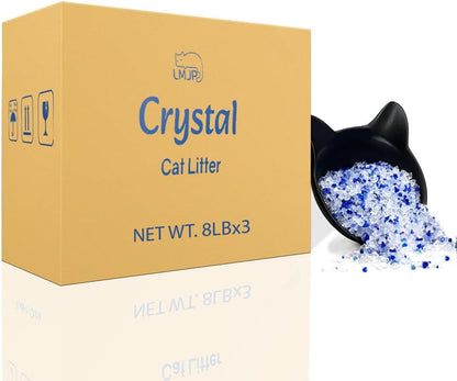 LMJP Crystal Cat Litter with Powerful Odor Control, Non-Clumping, Lasts up to 4 Months, 17.2Lb, Rapid Water Absorption, Unscented & Low Tracking Lightweight Blue & White Silica, 4 Pack of 4.3Lb12