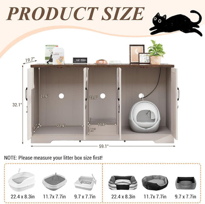 59.1" Cat Litter Box Enclosure for 2 Cats, Hidden Litter Box Furniture with Power Outlet & Removable Hallway, Lockable Door & Anti-Tip Design, Farmhouse Litter Box Cabinet with Magnetic Door, White2