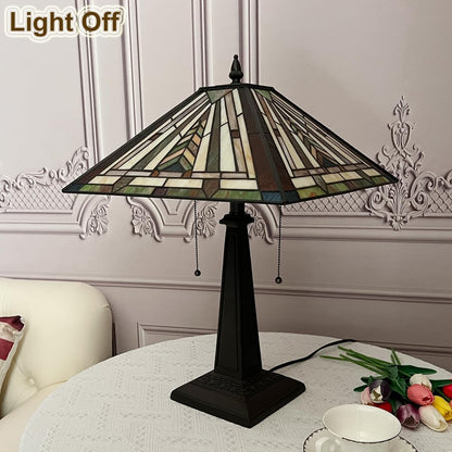 Tiffany Table Lamp 16" Wide Handmade Stained Glass Lamp Shade 2 Light Mission Style Vintage Table Lamp for Living Room Bedroom | Handcrafts Antique Nightstand Bedside Reading Lamp for Living Room Bedroom Office 2-Lights W16" X H23"9