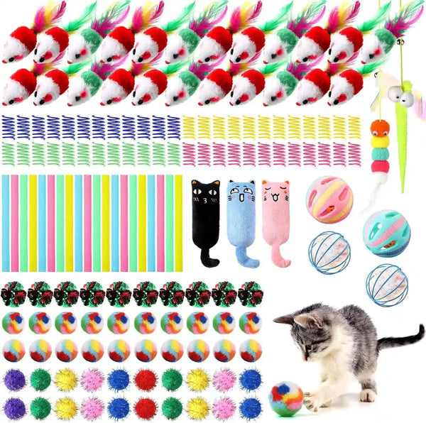 Shappy 150 Pcs Cat Toys for Indoor Cats Bulk, Kitten Toys Pack, Variety Interactive Gift Including Mice Rainbow Balls Spring Crinkle Balls Gift for Kitty Kitten Cat(Classic)7