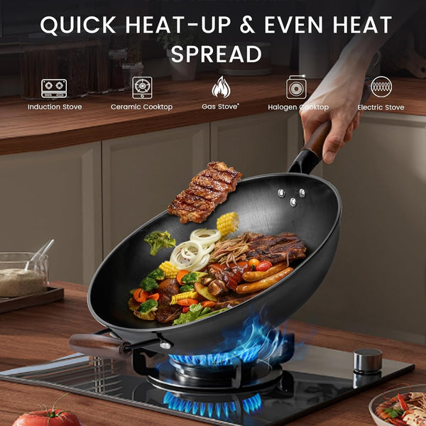 Carbon Steel Wok - 13" Woks & Stir-Fry Pans Nonstick, Wok with Lid, Fast Heat Conduction, Uniform Heat Conduction Flat Bottom Woks, Professional Chef Cookware4