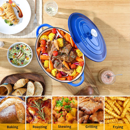 7.5 QT Oval Enameled Cast Iron Dutch Oven Pot with Lid,Blue | Whole Chicken Friendly,For Cooking,Frying, Stewing,Bread Baking,And Roasting,Oven Safe,Dual Handles,Non-Stick Coating5