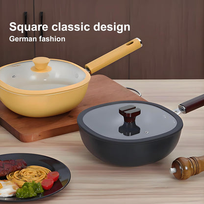 Square Nonstick Iron Wok with Glass Lid, 2QT Coating-Free Stir-Fry Pot, Induction Ready, Japanese Wooden Handle Saucepan (Black, 2Qt/9.5In Iron Pan)3