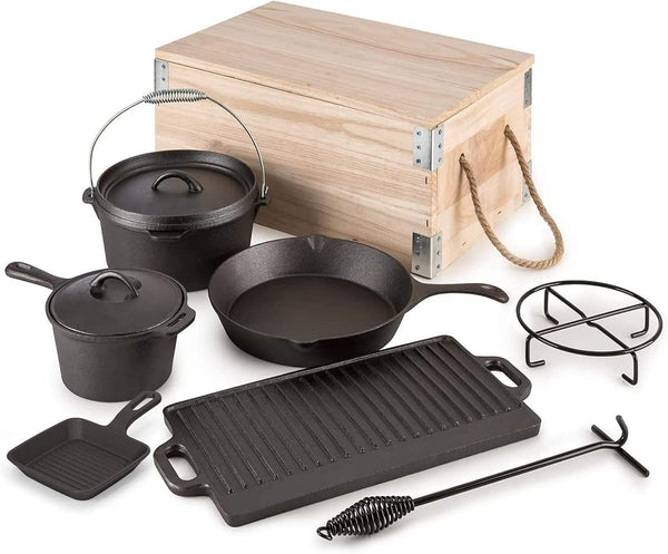 8 Piece Pre-Seasoned Dutch Oven Cooking Set Cast Iron Camping Kitchen Cookware Bakeware Skillets & Square Grill Pan W/Vintage Carrying Wood Box for Ourdoor Home BBQ Baking1
