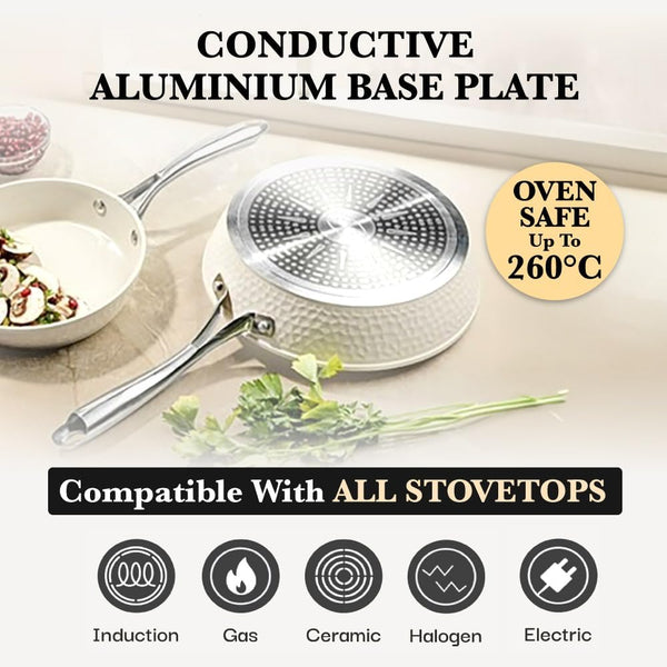 Hammered 15Pcs Ceramic Cookware Set Nonstick, Induction Pots and Pans Set Non Stick with Bakeware Set & Steamer for Cooking, Non Toxic PFOA PFOS Free, Oven & Dishwasher Safe, Cream White5