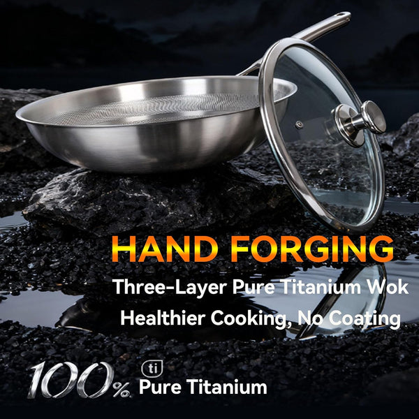 Titanium Hammered Wok Pure with Lid, No Coating Non-Stick Titanium Cookware, Frying Pans, Hammered Pan, Ultra-Durable, Scratch-Resistant, Safe for Oven, Induction & Cooktops up to 750°F,11.81I2