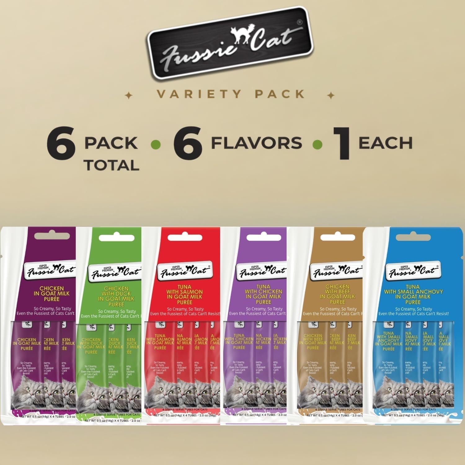 fussie-cat-super-premium-cat-treats-in-goat-milk-puree-lickable-cat-treats-6-packs-of-4-0-5oz-tubes-variety-flavor-pack-of-6-flavors-freeding-spoon