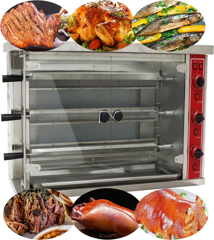 Vertical 3-Layer Rotating Chicken Roaster Commercial LPG Gas Rotisserie Oven 360° Stainless Steel 122-572°F Control 12-15 Chicken Capacity for Delis Stores Restaurant Kitchens 110V7