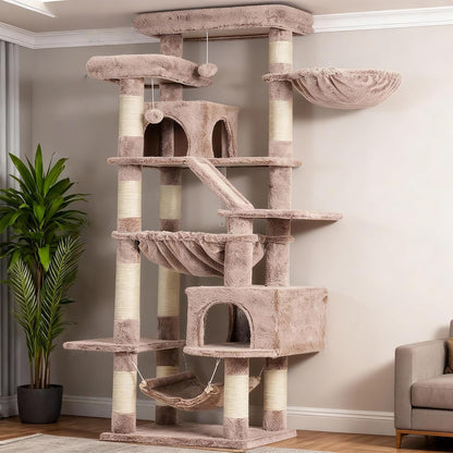 Heybly Cat Tree, 71-Inch-Tall Tower for Indoor Cats with 2 Perches HCT034W | Large Cat Furniture with 2 Big Condos, 2 Hammocks, Basket, Scratching Pad, Multi-Level Cat Condo, Light Gray23