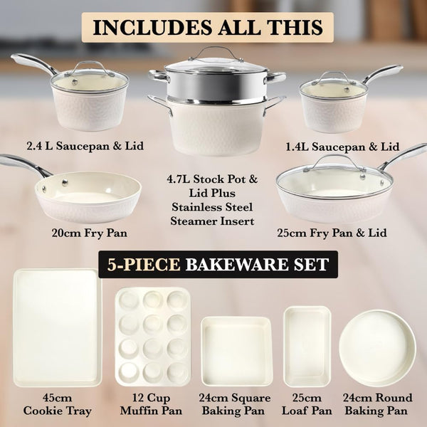 Hammered 15Pcs Ceramic Cookware Set Nonstick, Induction Pots and Pans Set Non Stick with Bakeware Set & Steamer for Cooking, Non Toxic PFOA PFOS Free, Oven & Dishwasher Safe, Cream White3