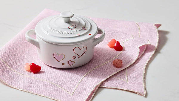 Le Creuset Stoneware Classic round Mini Cocotte, 8 Oz., White with Hearts | Mon Coeur Collection5