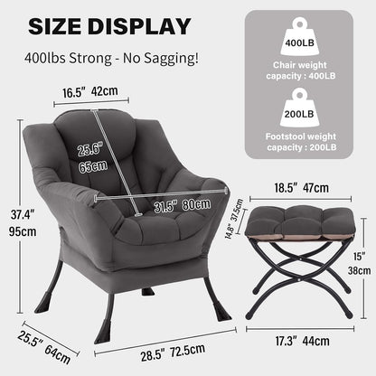 Lazy Chair with Ottoman, Comfy Reading Accent Chair, Dark Grey | Foldable Footrest, Padded Seat and Backrest, Side Pocket for Lounging in Living Rooms, Bedrooms, Dorms and Small Spaces2