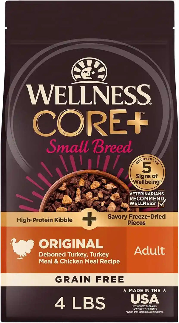 Wellness CORE+ Small Breed Adult Dry Dog Food with Freeze Dried Pieces, Grain Free Kibble+, Natural, High Protein, Turkey and Chicken Recipe, 4 Lb Bag1
