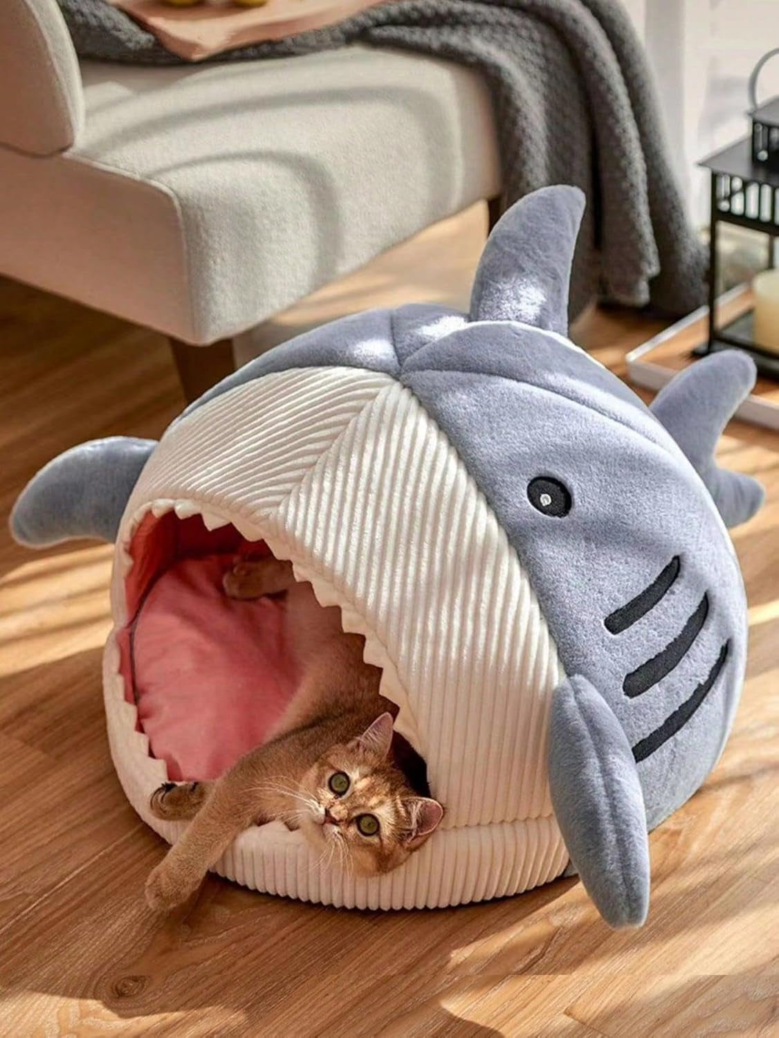 qwinee-cat-mat-shark-shaped-kennel-kitten-bed-hideout-house-warm-soft-comfortable-semi-closed-cat-dog-nest-blue-s