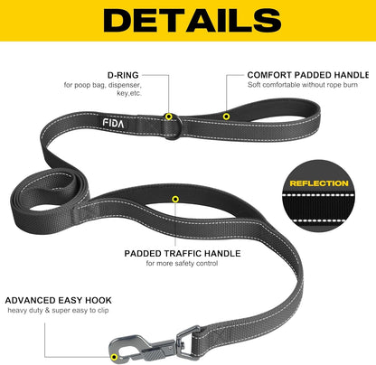 Fida 4 FT Heavy Duty Dog Leash with 2 Comfortable Padded Handles, Traffic Handle & Advanced Easy Snap Hook, Reflective Walking Lead for Large, Medium & Small Breed Dogs (4 FT X 1" Wide, Black)2