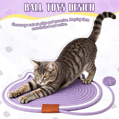 2 PC Cat Scratcher Mat - Natural Cotton Rope Oval Horizontal Scratch Pad (11''X13.7'') with Dangling Ball Toy, Cat Ear Design, Furniture Protector for Floor/Wall, Durable Handmade (Balck, 2 PC)5