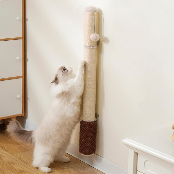 Wall Mounted Cat Scratcher, 34” Extra-Tall Vertical Sisal Scratching Post for Large Cats, Space-Saving Wall Cat Scratcher with Self Grooming Brush & Hanging Ball, Beige1