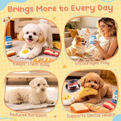 KIPRITII Dog Squeaky Toys for Small Dogs, Breakfast-Themed Puppy Toys to Keep Them Busy, Plush Toys with Squeaker for Interactive Play, Includes Storage Bag4