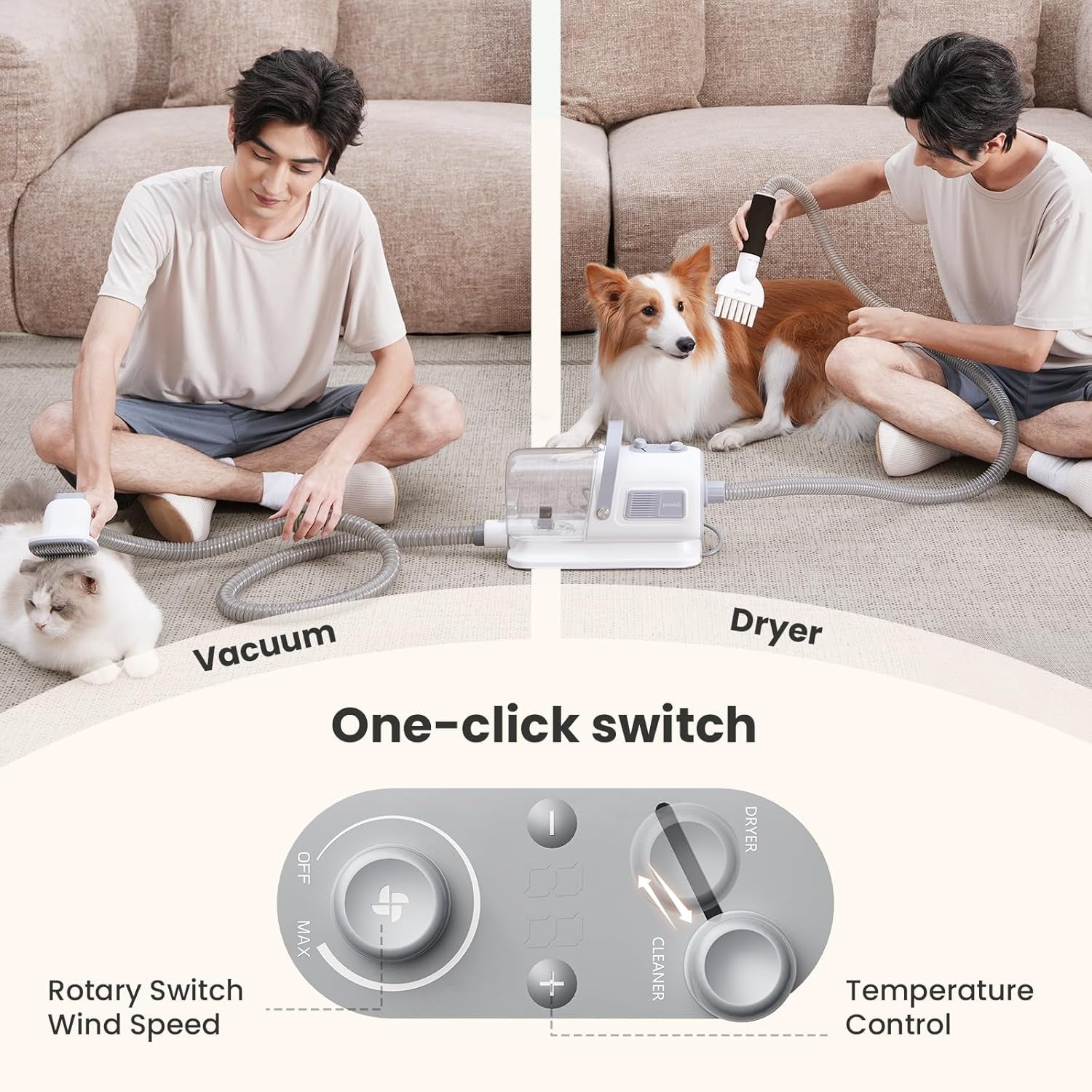 pecute-7-in-1-dog-grooming-vacuum-dryer-for-heavy-shedding-10000pa-suction-adj-suction-temp-home-salon-use-55db-low-noise-1-7l-dust-cup-reduces-flying-hair-easy-cleanup