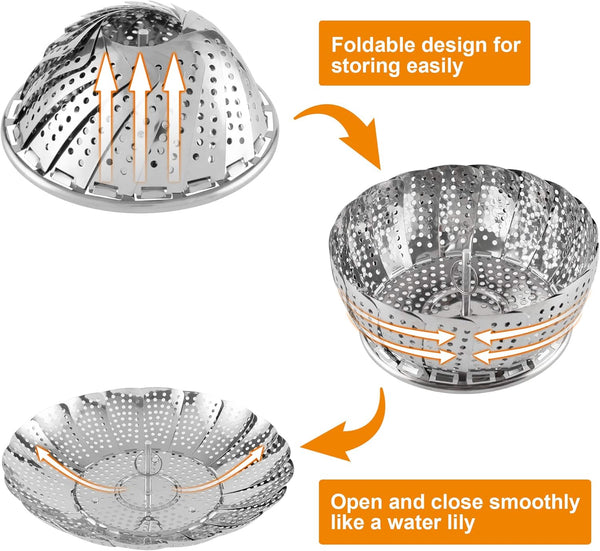 Steamer Basket, Stainless Steel Vegetable Steam Baskets for Steaming Cooking Expandable to Fit Various Size Pot (5.5" to 9.3")3