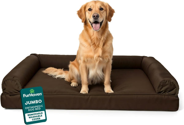 Furhaven Orthopedic Dog Bed for Large Dogs W/ Removable Bolsters & Washable Cover, for Dogs up to 95 Lbs - Plush & Suede Sofa - Espresso, Jumbo/Xl1