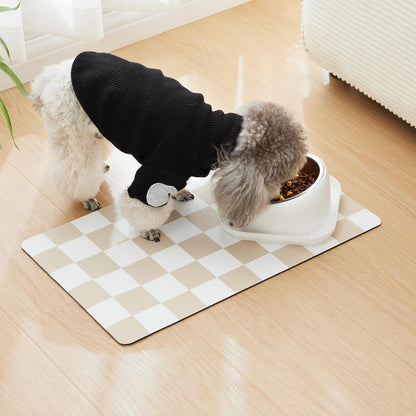 Checkered Dog Feeding Mat, Absorbent Mats for Dog Food and Water Bowl, Dispenser, Retro Aesthetic Khaki Beige Checkerboard Pet Placemat for Dogs, Cats, Puppy Accessories, 12" X 19”3