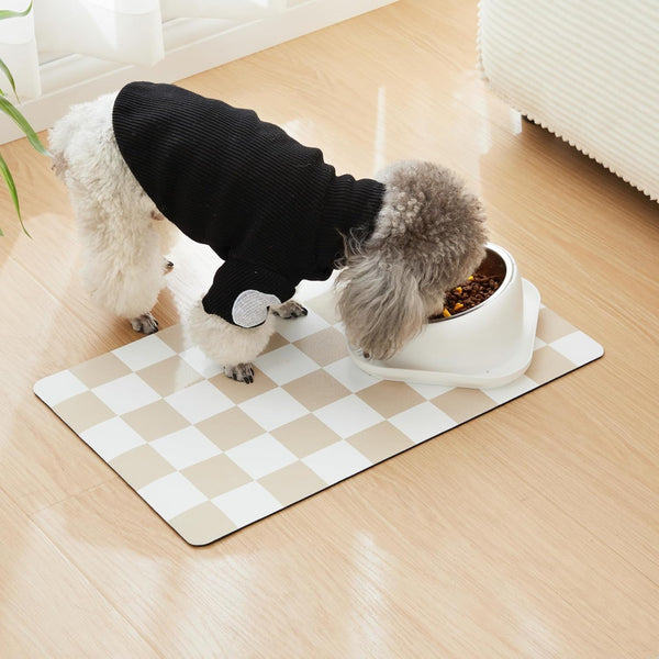 Checkered Dog Feeding Mat, Absorbent Mats for Dog Food and Water Bowl, Dispenser, Retro Aesthetic Khaki Beige Checkerboard Pet Placemat for Dogs, Cats, Puppy Accessories, 12" X 19”3