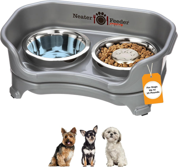 Neater Feeder Express Mess Proof Dog Bowls Elevated for Small Breeds under 15 Lb, Made in USA, No Spill Raised Dog Food Bowl Stand, Stainless Steel Food and Water Bowl Set, Feeding Station, Cappuccino29