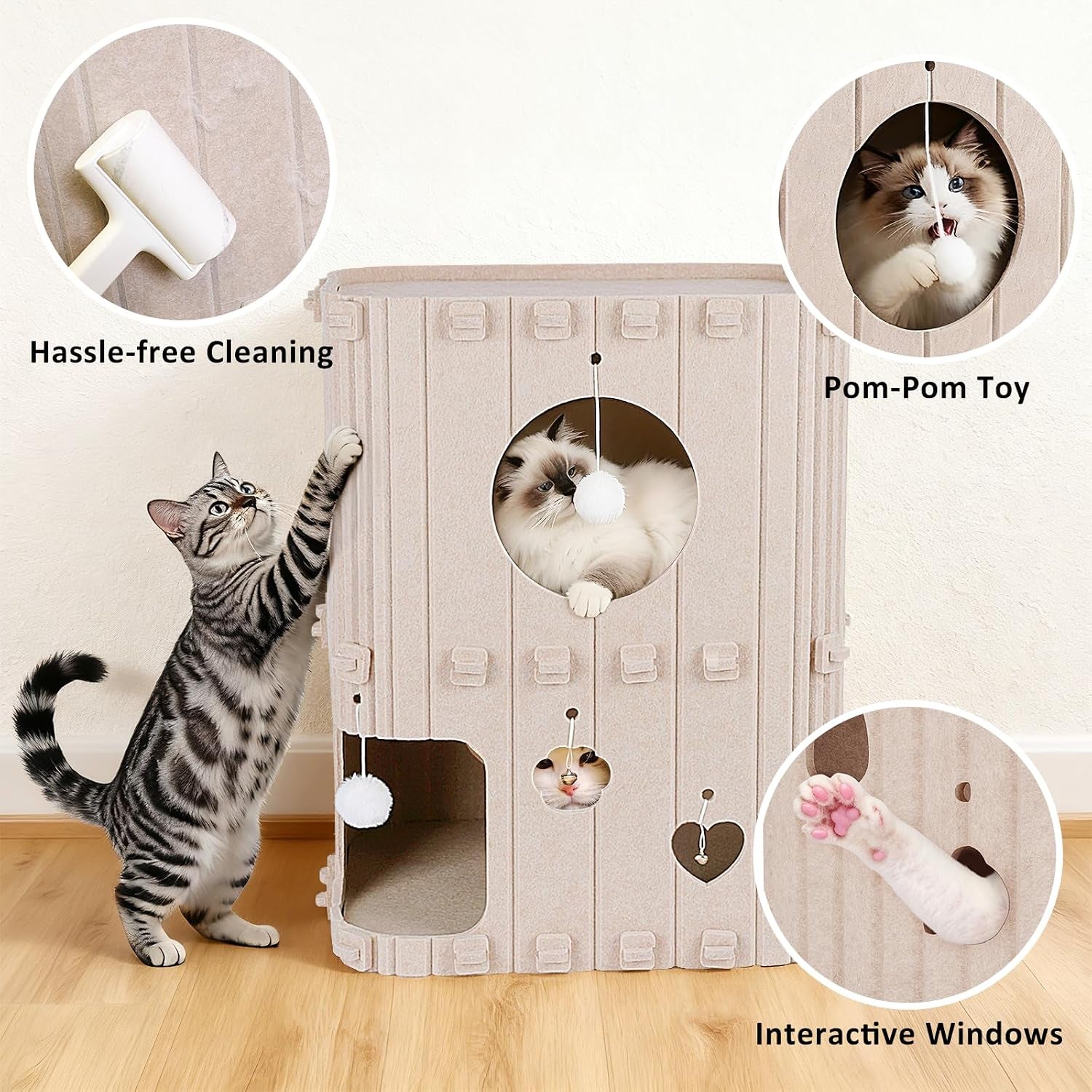 cat-house-for-indoor-cats-2-story-enclosed-cat-bed-cave-for-multiple-large-cats-felt-covered-pet-hideaway-tunnel-condo-house-kitty-hut-hideout-cube-scratch-resistant-beige