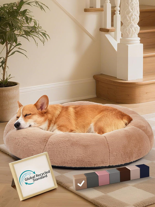 Ohgeni 31 Inches Calming Donut Orthopedic Dog & Cat Bed for Medium Pets, Warming Comfort Fluffy Short Pile Fur, Durable Waterproof Machine Washable Removable Cover, Cute round Bed for Puppy, Camel1