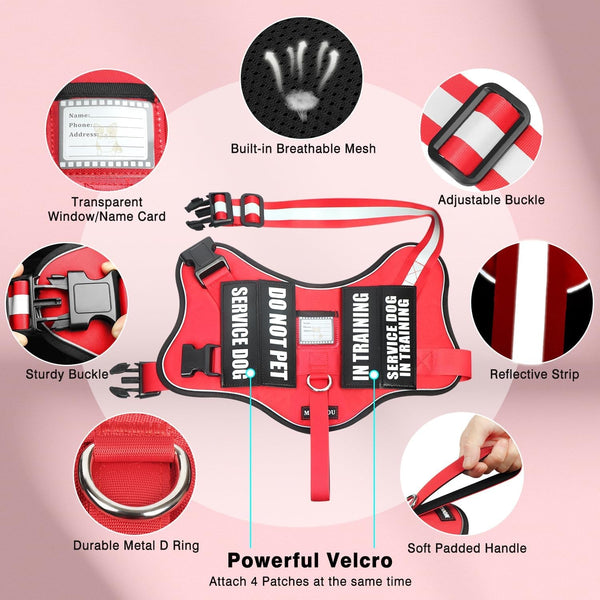 Service Dog Vest Harness and Leash Set+10 Patches,No Pull&Adjustable Reflective Dog Harness with Soft Padded Handle for Training/Everyday,Fit Small/Medium/Large/Extra-Large Dogs(Red XL) | No Pull&Adjustable Reflective Service Dog Harness Large Sized,Dog Leash with 2 Soft Padded Handles,For Training Working4