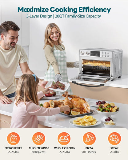 28QT Air Fryer Toaster Oven Combo, Large 12-In-1 Convection Countertop Oven with Next-Gen Heatwave Convection, 3-Layer Cooking, Rotisserie for Chicken, Fits 11" Pizza, All Accessories, Stainless Steel4