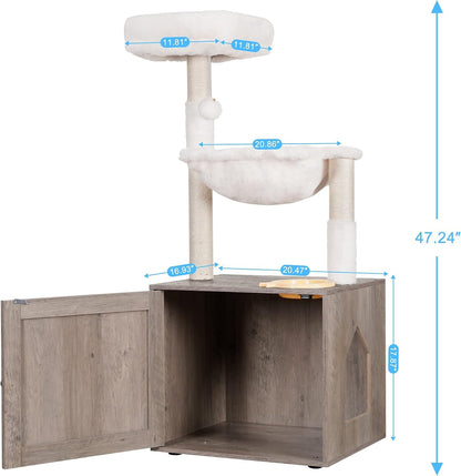 Hey-Brother Cat Tree Tower, Litter Box Enclosure, Food Station, MPJ100SG | 47.24 Inches Wooden All-In-One Cat House, Large Hammock, Bed, Scratching Posts, Modern Style for Indoor Cats, Rustic Gray3