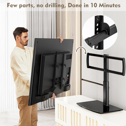 Universal Swivel TV Stand/Base Table Top TV Stand 32 to 65 Inch Tvs 80 Degree Swivel, 4 Level Height Adjustable, Heavy Duty Tempered Glass Base, Holds up to 88Lbs Screens, HT04B-0028