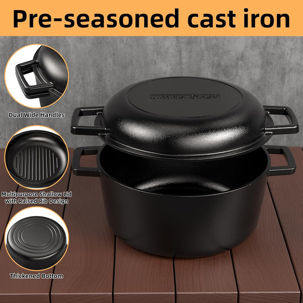 Cast Iron Dutch Oven Pot with Skillet Lid – Pre-Seasoned – Skillet Lid Cooking Pan– Pfas-Free – Cast Iron Skillet Cookware for Bread, Frying, Baking – Dual Handles – Oven, Grill, Campfire & Stovetop Safe – Durable & Non-Toxic, 5QT7