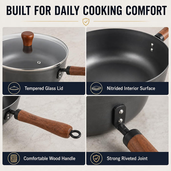 4 Qt Nitrided Carbon Steel Deep Wok with Lid, Flat Bottom | Deep 4 Qt Nitrided Steel for Braising, Soups, Noodles and One-Pot Meals; Wooden Handle; Gas, Electric and Induction Ready.8