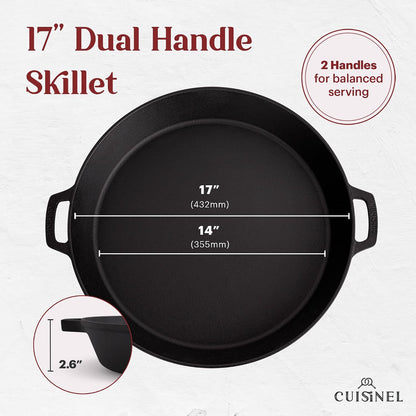 Cast Iron Skillet + Chainmail Scrubber Cleaner - 17"-Inch Dual Handle Braiser Frying Pan + Silicone Handle Covers - Pre-Seasoned Oven, Grill, BBQ, Stovetop, Fire Cookware - Indoor/Outdoor Use5