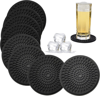 Silicone Coasters for Drinks Absorbent Rubber Coaster Set of 8 Black | Large Drink Coasters, 4.3 in Oval Deep Bottle Cup Coaster, Outdoor Coasters for Patio Table, Desk, Bar, Non Slip Coasters1