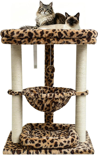 SYANDLVY Leopard Print Small Cat Tree with Top Perch, Hammock & Bottom Bed | 3 Level, Natural Sisal Scratching Post Tower with Hanging Bell Ball and Anti-Tip Strap, Stable Indoor Cat Furniture1