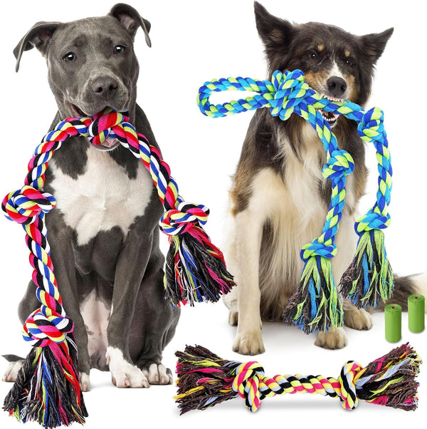 Forfon Tough & Strong Dog Toy for Aggressive Chewers – Tough Chew Toys for Large Dogs, Ideal for Tug-Of-War & Teeth Cleaning, with 3 Rope Toys & 2 Dog Bags1