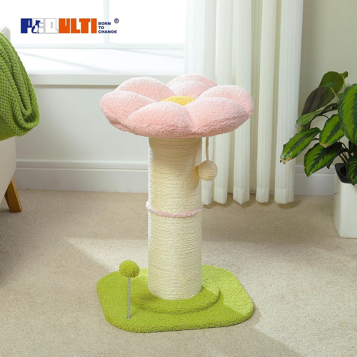 pequlti-flower-cat-scratching-post-super-thick-5-5in-sisal-post-pink-small-cat-kitten-scratcher-removable-flower-bed-sisal-spring-ball-enlarged-double-base-cute-pink-flower-cat-tree
