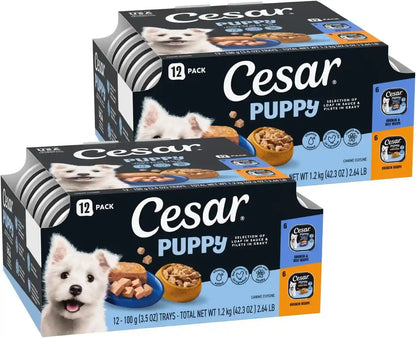 Cesar Puppy Classic Loaf Wet Dog Food, Chicken & Beef, 3.5 Oz, 24 Count | Real Chicken #1 Ingredient, Made in USA, No Fillers or Artificial Flavors, Essential Nutrients, Slow-Cooked, Easy Peel Trays12