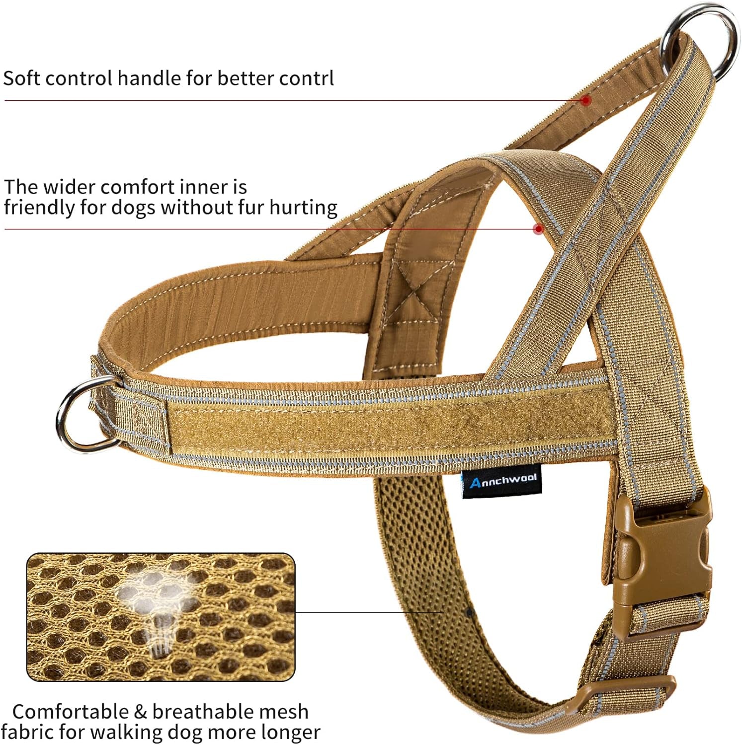annchwool-no-pull-dog-harness-with-soft-padded-handle-reflective-strip-escape-proof-and-quick-fit-to-adjust-dog-harness-easy-for-training-walking-for-small-medium-and-large-dogsbrown-l